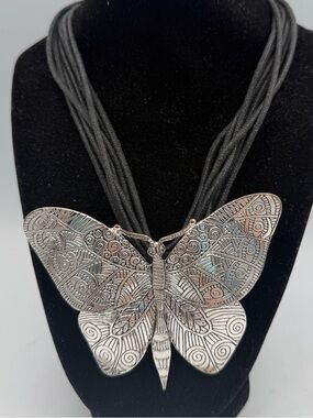Butterfly Statement Necklace Silver Tone Boho Multi Strand